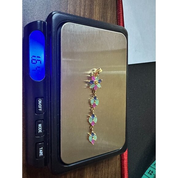 14k Solid Yellow Gold Flower Dangle Pendant Charm Natural Mix Stones 1.64 Grams - Picture 5 of 7